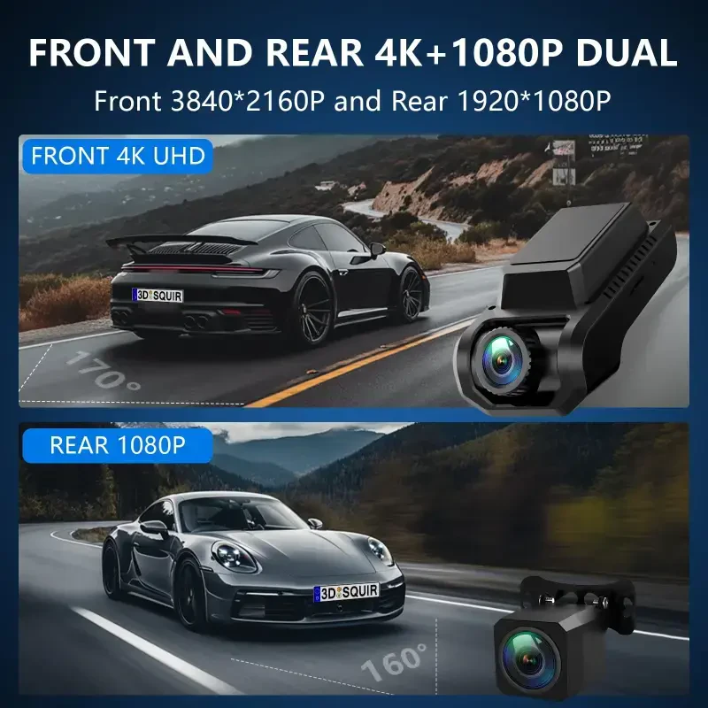 Видеорегистратор Artsic Dash Cam, передний и задний, 4K, с Wi-Fi и GPS, управлением через приложение, ночным видением, WDR, G-сенсором, циклической записью, режимом парковки, включая карту памяти SD на 32 ГБ - черный - 5