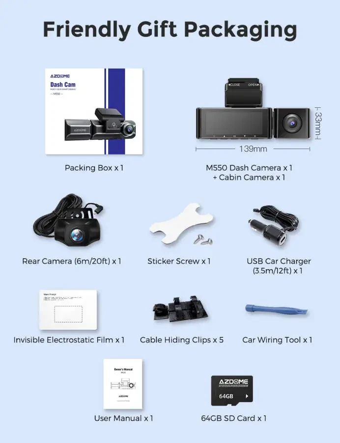 Видеорегистратор AZDOME на 3 канала с 4K WiFi, двойная передняя и задняя камеры для автомобиля 4K+1080P, бесплатная карта памяти 64 ГБ, встроенный GPS, режим парковки 24 часа, ночное видение с ИК-подсветкой, WDR, 3,19-дюймовый IPS-экран, поддержка карт памяти до 256 ГБ, простая установка. - 2