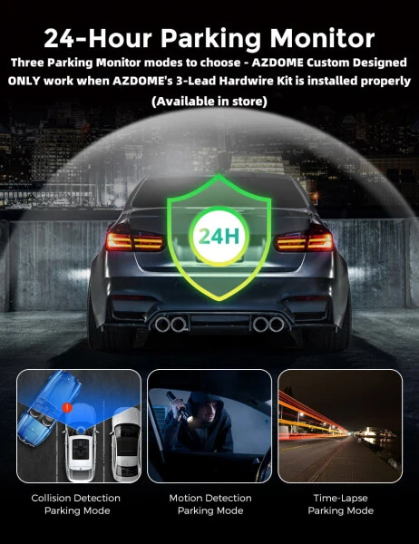 Видеорегистратор AZDOME на 3 канала с 4K WiFi, двойная передняя и задняя камеры для автомобиля 4K+1080P, бесплатная карта памяти 64 ГБ, встроенный GPS, режим парковки 24 часа, ночное видение с ИК-подсветкой, WDR, 3,19-дюймовый IPS-экран, поддержка карт памяти до 256 ГБ, простая установка. - 4