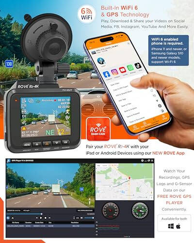 Видеорегистратор ROVE R2-4K с встроенным Wi-Fi GPS для автомобильной панели приборов с разрешением UHD 2160P, 2,4-дюймовым IPS-экраном, 150° широкоугольным объективом, WDR, ночным видением - 4