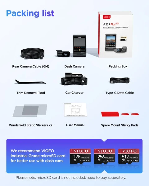 Видеорегистратор VIOFO A229 Plus с двумя датчиками STARVIS 2, 2 канала HDR, 1440P+1440P спереди и сзади, голосовое управление, Wi-Fi 5 ГГц, GPS, режим парковки 24 часа, поддержка до 512 ГБ. - 3