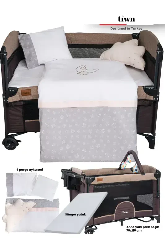 Viego 3 In 1 | Bedside Sleeper Playard 6 Pcs Bedding Set Mattress | Anti-Allergenic-Brown - 1