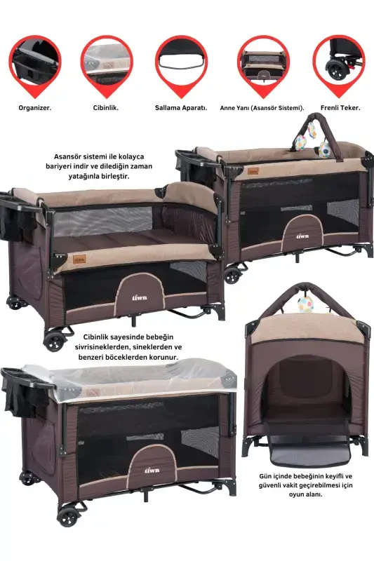 Viego 3 In 1 | Ona Yoni Park Karavot 6 Qismli Uyqu To'plami Yotoq | Allergiyaga qarshi-Jigarrang - 2