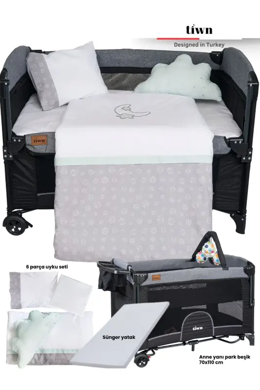 Viego 3 In 1 | Anne Yanı Park Beşik 6 Parça Uyku Seti Yatak | Antialerjik-Renkli - TIWN