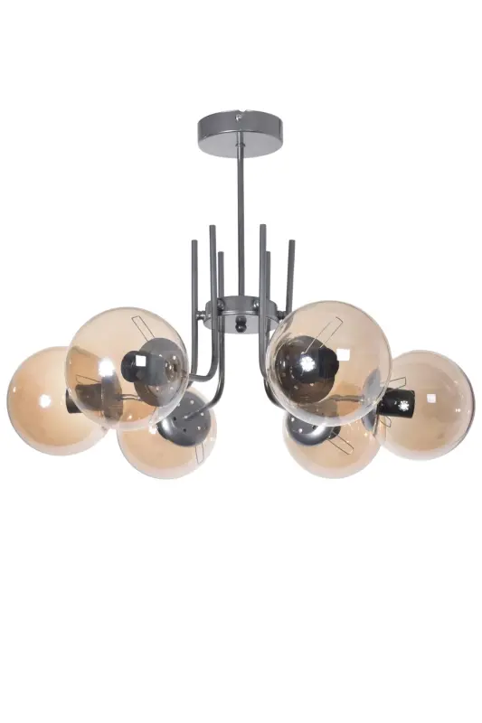 Vien Modern Tasarım Salon Yemek Odası Mutfak Gri Renk Bal Camlı Sarkıt 6 Lı Avize - Gri Bal - 2