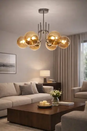 Vien Modern Tasarım Salon Yemek Odası Mutfak Gri Renk Bal Camlı Sarkıt 6 Lı Avize - Gri Bal - 3