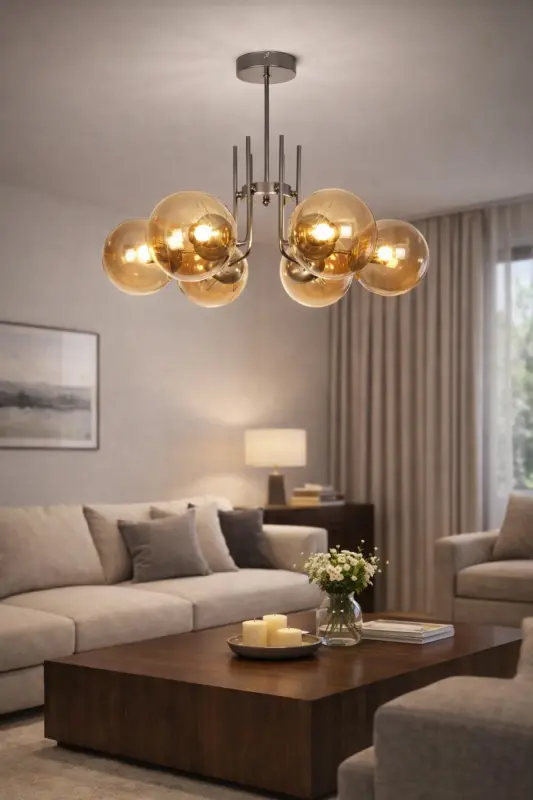 Vien Modern Tasarım Salon Yemek Odası Mutfak Gri Renk Bal Camlı Sarkıt 6 Lı Avize - Gri Bal - 3