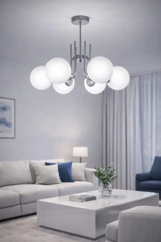 Vien Modern Tasarım Salon Yemek Odası Mutfak Gri Renk Beyaz Camlı Sarkıt 6 Lı Avize - Gri Beyaz - 1