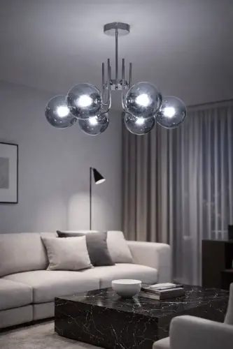 Vien Modern Tasarım Salon Yemek Odası Mutfak Gri Renk Füme Camlı Sarkıt 6 Lı Avize - Gri Füme 