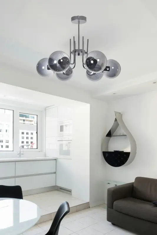 Vien Modern Tasarım Salon Yemek Odası Mutfak Gri Renk Füme Camlı Sarkıt 6 Lı Avize - Gri Füme - 2