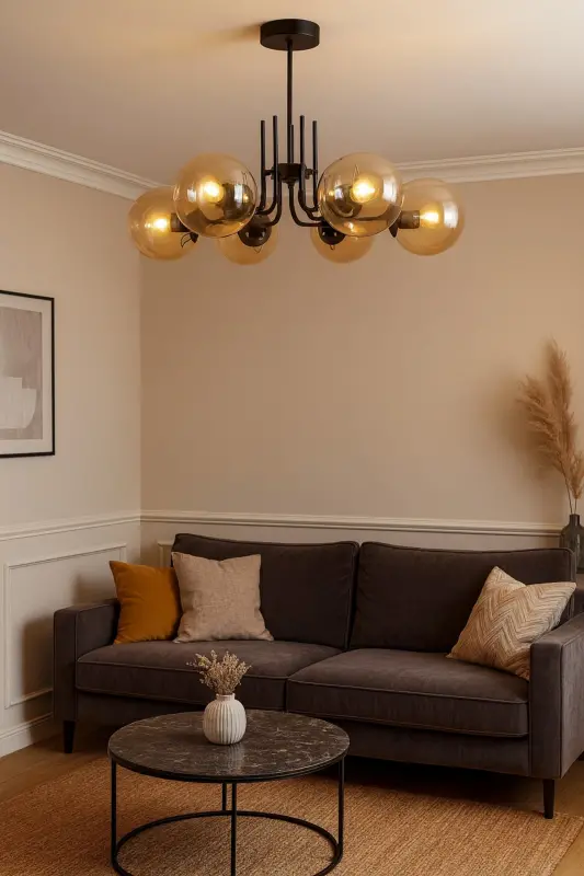 Vien Modern Tasarım Salon Yemek Odası Mutfak Siyah Renk Bal Camlı Sarkıt 6 Lı Avize-SiyahBall - 1