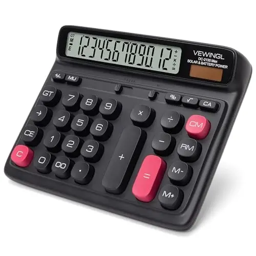 VIEWINGL Desktop Calculator, 12-Digit Large LCD Display, Big Computer-Style Keys, Dual Power (Solar & Battery), Auto Sleep Mode, for Office, School, Home & Business 7.6″ x 6.4″ (Black, L) - 1