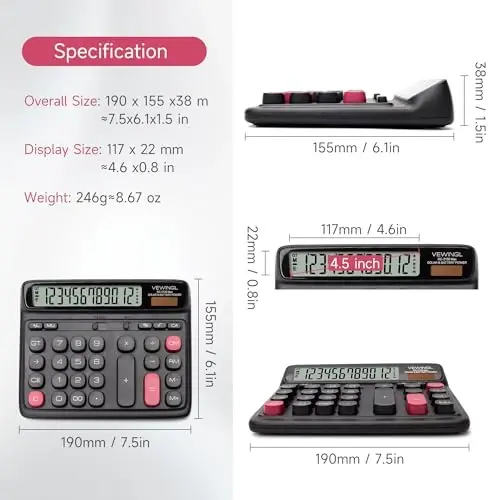 VIEWINGL Desktop Calculator, 12-Digit Large LCD Display, Big Computer-Style Keys, Dual Power (Solar & Battery), Auto Sleep Mode, for Office, School, Home & Business 7.6″ x 6.4″ (Black, L) - 6