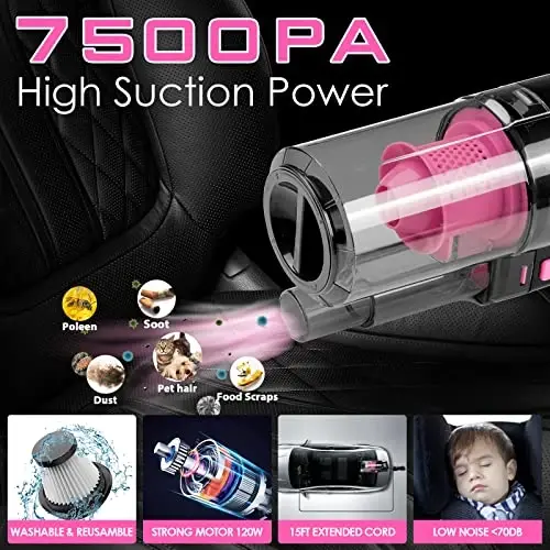 Viewsun 17pcs Car Cleaning Kit, Pink Car Interior Detailing Kit with High Power Handheld Vacuum, Detailing Brush Set, Windshield Cleaner, Cleaning Gel, Complete Auto Accessories for Women Gift - VIEWSUN (1)