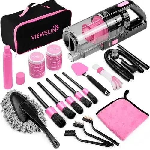 Viewsun 17pcs Car Cleaning Kit, Pink Car Interior Detailing Kit with High Power Handheld Vacuum, Detailing Brush Set, Windshield Cleaner, Cleaning Gel, Complete Auto Accessories for Women Gift - 5