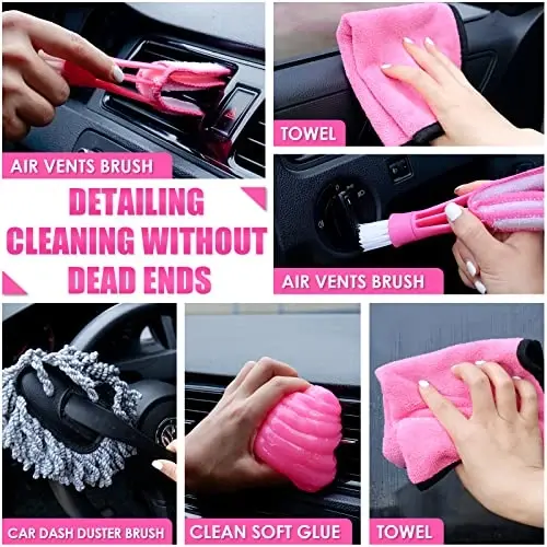 Viewsun 17pcs Car Cleaning Kit, Pink Car Interior Detailing Kit with High Power Handheld Vacuum, Detailing Brush Set, Windshield Cleaner, Cleaning Gel, Complete Auto Accessories for Women Gift 