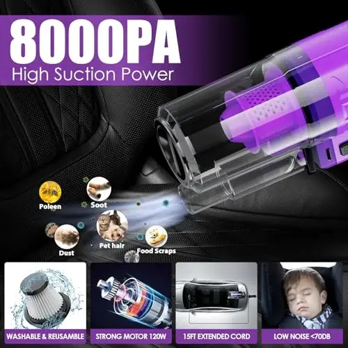 Viewsun 17PCS Car Cleaning Kit, Purple Car Interior Detailing Kit with High Power Handheld Vacuum, Detailing Brush Set, Windshield Cleaner, Cleaning Gel, Complete Auto Accessories for Women Gift - 2
