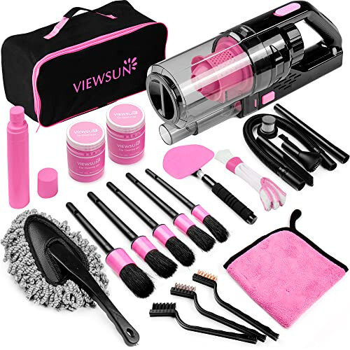 Viewsun 17pcs Car Cleaning Kit, Pink Car Interior Detailing Kit with High Power Handheld Vacuum, Detailing Brush Set, Windshield Cleaner, Cleaning Gel, Complete Auto Accessories for Women Gift - 1