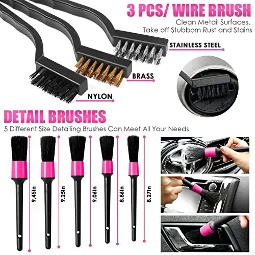 Viewsun 17pcs Car Cleaning Kit, Pink Car Interior Detailing Kit with High Power Handheld Vacuum, Detailing Brush Set, Windshield Cleaner, Cleaning Gel, Complete Auto Accessories for Women Gift - Viewsun (1)
