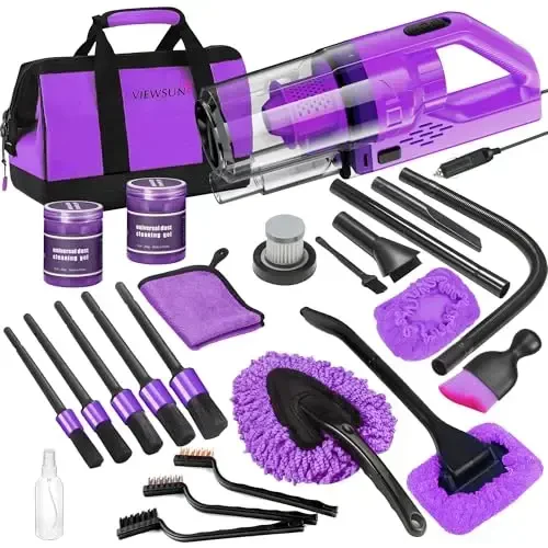 Viewsun 17PCS Car Cleaning Kit, Purple Car Interior Detailing Kit with High Power Handheld Vacuum, Detailing Brush Set, Windshield Cleaner, Cleaning Gel, Complete Auto Accessories for Women Gift 