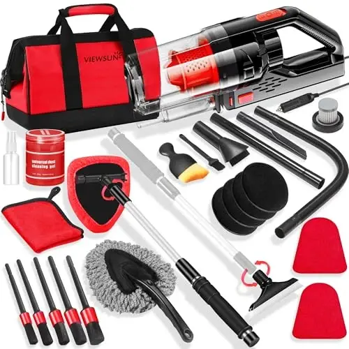 Viewsun 17PCS Car Cleaning Kit, Red Car Interior Detailing Kit with High Power Handheld Vacuum, Detailing Brush Set, Windshield Cleaner, Cleaning Gel, Complete Auto Accessories for Women Girls Gift 