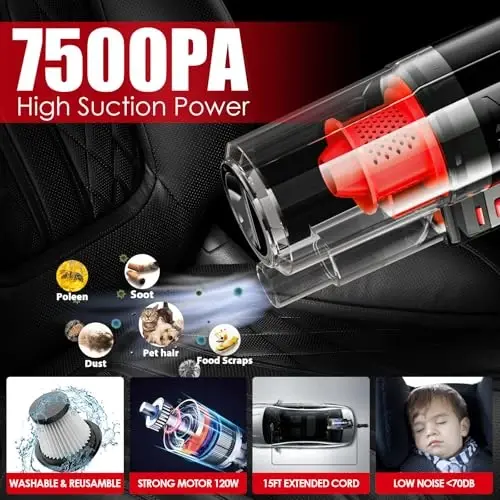 Viewsun 17PCS Car Cleaning Kit, Red Car Interior Detailing Kit with High Power Handheld Vacuum, Detailing Brush Set, Windshield Cleaner, Cleaning Gel, Complete Auto Accessories for Women Girls Gift - 2