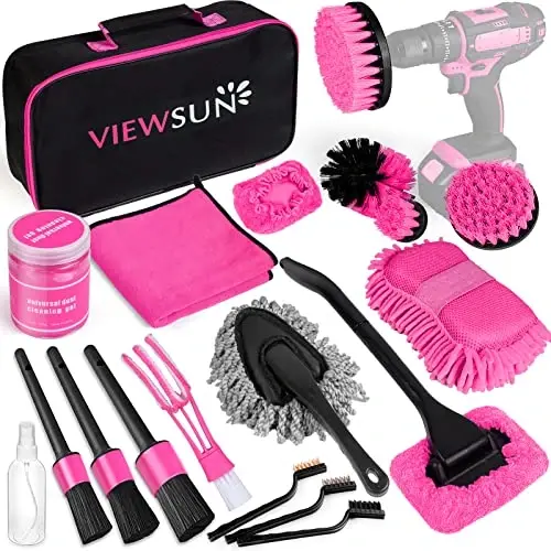 Viewsun 20PCS Car Cleaning Kit, Pink Car Interior Detailing Kit with Drill Brush Set, Windshield Cleaning Tool, Detailing Brushes, Wire Brushes, Cleaning Gel, Complete Cleaning Supplies for Women - VIEWSUN