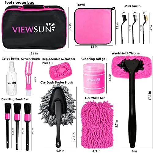Viewsun 20PCS Avtomobilni tozalash to'plami, pushti avtomobil ichki qismlarini detallash to'plami, burg'u cho'tkasi to'plami, old oynani tozalash vositasi, detallash cho'tkalari, simli cho'tkalar, tozalash jeli, ayollar uchun to'liq tozalash vositalari - VIEWSUN (1)