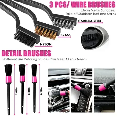 Viewsun 20PCS Car Cleaning Kit, Pink Car Interior Detailing Kit with Drill Brush Set, Windshield Cleaning Tool, Detailing Brushes, Wire Brushes, Cleaning Gel, Complete Cleaning Supplies for Women - 5