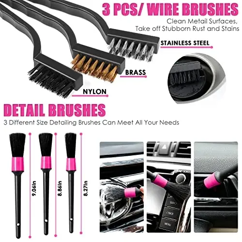 Viewsun 20PCS Car Cleaning Kit, Pink Car Interior Detailing Kit with Drill Brush Set, Windshield Cleaning Tool, Detailing Brushes, Wire Brushes, Cleaning Gel, Complete Cleaning Supplies for Women - 5