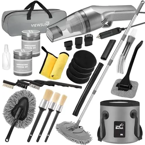 Viewsun 21Pcs Car Cleaning Kit with High Power Handheld Vacuum, Car Wash Mop with Long Handle, Bucket, Detailing Brush Set, Windshield Cleaner, Complete Interior Exterior Washing Supply for Men Women - VIEWSUN