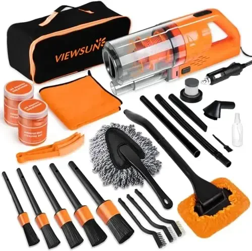 Viewsun Car Cleaning Kit, Orange 17pcs Car Interior Detailing Kit with High Power Handheld Vacuum, Detailing Brush Set, Windshield Cleaner, Cleaning Gel, Complete Auto Accessories for Women Men Teens - 1