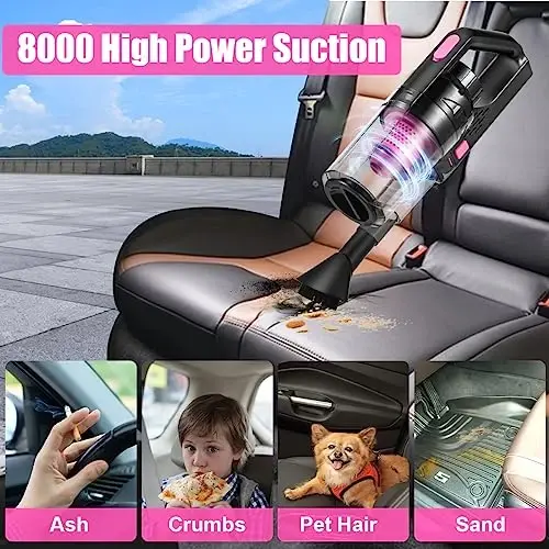 Viewsun Car Vacuum Cordless Rechargeable, 8000PA High Power Handheld Vacuum Cleaner with 17PCS Car Cleaning Kit, Pink Auto Accessories for Women Gift - 2