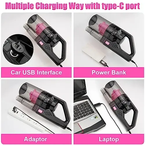 Viewsun Car Vacuum Cordless Rechargeable, 8000PA High Power Handheld Vacuum Cleaner with 17PCS Car Cleaning Kit, Pink Auto Accessories for Women Gift - 4