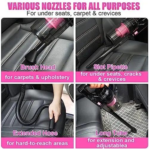 Viewsun Car Vacuum Cordless Rechargeable, 8000PA High Power Handheld Vacuum Cleaner with 17PCS Car Cleaning Kit, Pink Auto Accessories for Women Gift - 5