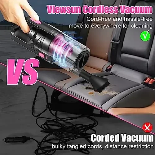 Viewsun Car Vacuum Cordless Rechargeable, 8000PA High Power Handheld Vacuum Cleaner with 17PCS Car Cleaning Kit, Pink Auto Accessories for Women Gift - 3