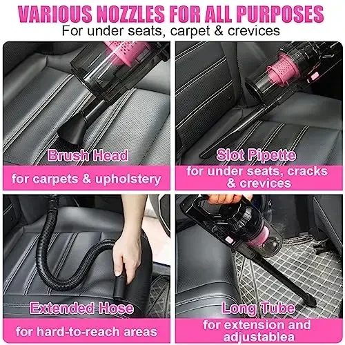 Viewsun Car Vacuum Cordless Rechargeable, 8000PA High Power Handheld Vacuum Cleaner with 17PCS Car Cleaning Kit, Pink Auto Accessories for Women Gift - 5