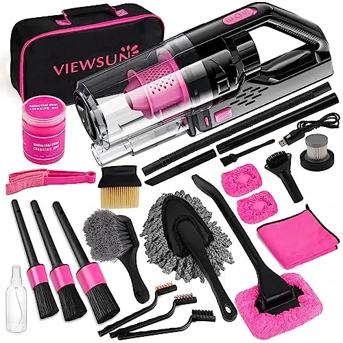 Viewsun Car Vacuum Cordless Rechargeable, 8000PA High Power Handheld Vacuum Cleaner with 17PCS Car Cleaning Kit, Pink Auto Accessories for Women Gift 