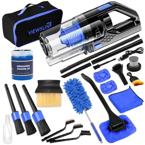 Viewsun Car Cleaning Kit, Car Interior Detailing Kit with High Power Handheld Vacuum Cordless Rechargeable, Detailing Brush Set, Windshield Cleaner, Complete Auto Accessories for Men, Women Gift 