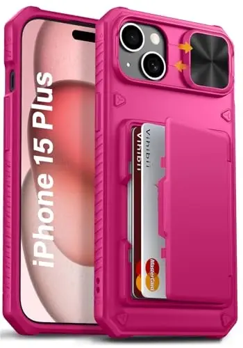 Vihibii for 15 Plus/iPhone 14 Plus Wallet Case with Card Holder (4 Cards), [RFID Blocking] & Slide Camera Cover & Raised Edges Protect Screen, Heavy Duty Case for iPhone 15 Plus/ 14 Plus, Hot Pink - 1