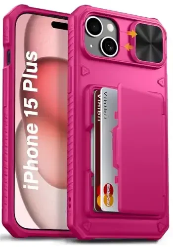 Vihibii 15 Plus/iPhone 14 Plus uchun kartali hamyon gʻilofi (4 ta karta), [RFID blokirovka] va sirgʻanuvchi kamera qopqogʻi va koʻtarilgan qirralar ekranini himoya qiladi, iPhone 15 Plus/ 14 Plus uchun ogʻir gʻilof, Toʻq pushti 