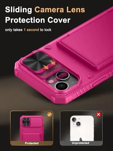 Vihibii 15 Plus/iPhone 14 Plus uchun kartali hamyon gʻilofi (4 ta karta), [RFID blokirovka] va sirgʻanuvchi kamera qopqogʻi va koʻtarilgan qirralar ekranini himoya qiladi, iPhone 15 Plus/ 14 Plus uchun ogʻir gʻilof, Toʻq pushti - 4