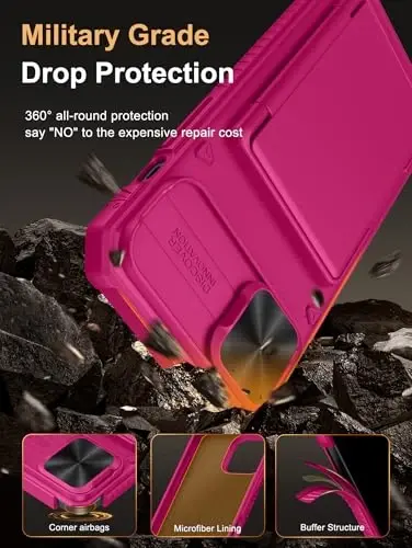 Vihibii 15 Plus/iPhone 14 Plus uchun kartali hamyon gʻilofi (4 ta karta), [RFID blokirovka] va sirgʻanuvchi kamera qopqogʻi va koʻtarilgan qirralar ekranini himoya qiladi, iPhone 15 Plus/ 14 Plus uchun ogʻir gʻilof, Toʻq pushti - 5