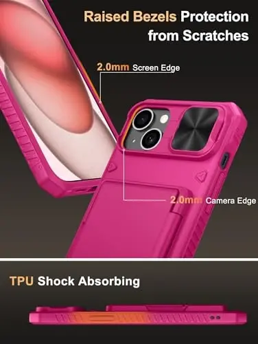 Vihibii 15 Plus/iPhone 14 Plus uchun kartali hamyon gʻilofi (4 ta karta), [RFID blokirovka] va sirgʻanuvchi kamera qopqogʻi va koʻtarilgan qirralar ekranini himoya qiladi, iPhone 15 Plus/ 14 Plus uchun ogʻir gʻilof, Toʻq pushti - 6