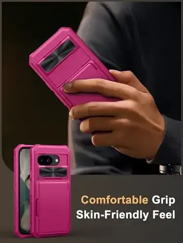 Vihibii чехол-бумажник для Google Pixel 9a с держателем для карт (4 карты), [RFID-блокировка] и сдвижной крышкой объектива камеры и приподнятыми краями для защиты экрана, противоударный чехол для Google Pixel 9a 2025, ярко-розовый - 6