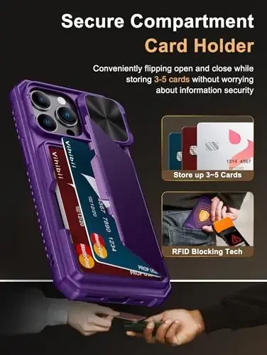 Vihibii чехол-бумажник для iPhone 13 Pro с держателем карт (4 карты), [RFID-блокировка] и сдвижной крышкой объектива камеры и приподнятыми краями для защиты экрана, противоударный прочный чехол для iPhone 13 Pro, 6,1 дюйма, темно-фиолетовый - 3
