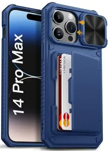 Vihibii чехол-бумажник для iPhone 14 Pro Max с держателем карт (4 карты), [RFID-блокировка] и сдвижной крышкой объектива камеры и приподнятыми краями для защиты экрана, противоударный прочный чехол-бумажник для телефона, 6,7 дюйма 2022, синий - 1