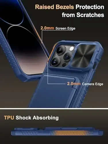 Vihibii чехол-бумажник для iPhone 14 Pro Max с держателем карт (4 карты), [RFID-блокировка] и сдвижной крышкой объектива камеры и приподнятыми краями для защиты экрана, противоударный прочный чехол-бумажник для телефона, 6,7 дюйма 2022, синий - 6