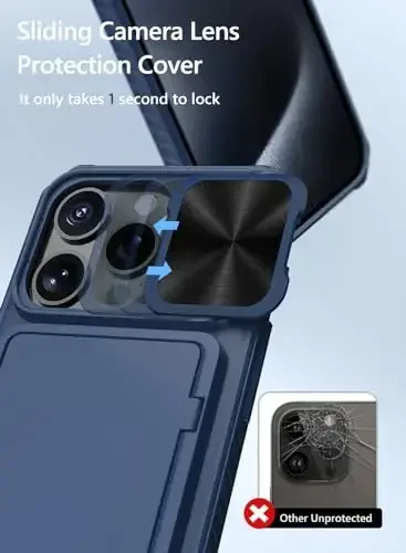 Vihibii чехол-бумажник для iPhone 15 Pro с держателем для карт (4 карты) и сдвижной защитной крышкой объектива камеры и подставкой, сверхпрочный противоударный прочный чехол для iPhone 15 Pro 5G 6.1