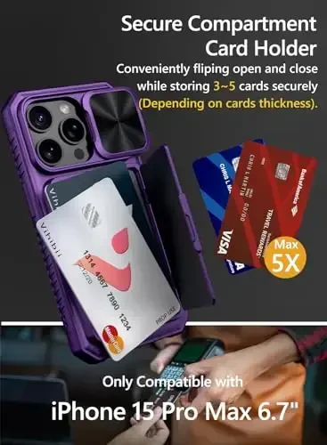 Vihibii чехол-бумажник для iPhone 15 Pro с держателем для карт (4 карты), сдвижной крышкой камеры, подставкой и приподнятыми краями для защиты, противоударный прочный чехол для iPhone 15 Pro 5G 6.1